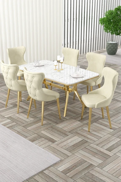 Canisa Esla Serisi 90x160 Lak Panel Beyaz Mermer Desen Gold Kaplama Ayaklı Masa Takımı ve 6 Krem Sandalye ürün görseli 1