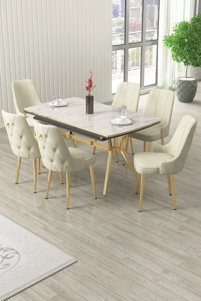 Canisa Nis Serisi 89x150 Açılabilir Lak Panel Beyaz Mermer Gold Ayak Masa Takımı ve 6 Krem Sandalye ürün görseli 1