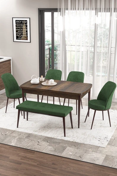 Canisa Concept Zen Serisi 80x132 Mdf Açılabilir Barok Ahşap Desen Masa Takımı 4 Haki Yeşil Sandalye Ve 1 Bench ürün görseli 1
