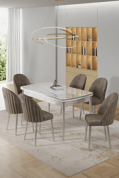 Canisa Rada Serisi 80x132 Açılabilir Lak Panel Beyaz Mermer Desen Masa 6 Cappucino Sandalye Krom Detay ürün görseli 1