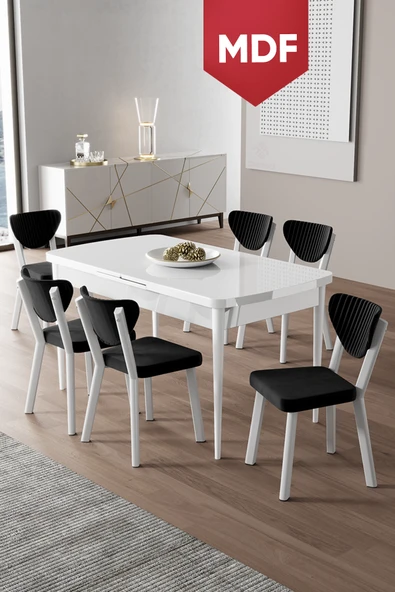 Canisa Exve Serisi 80x132 Açılabilir MDF Beyaz Masa Takımı ve 6 Siyah Sandalye ürün görseli 1