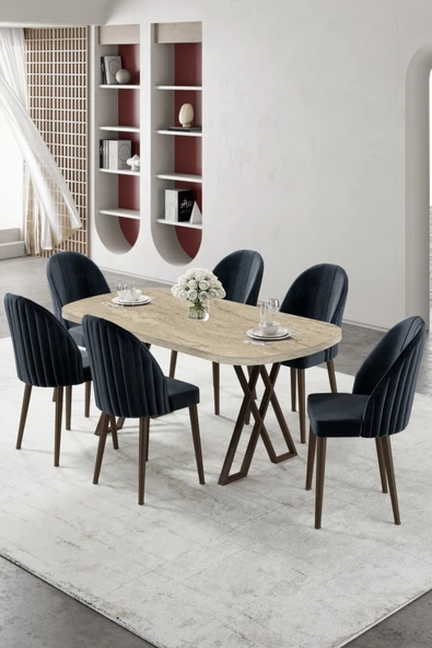 Canisa Kaye Serisi Mdf 90x168 Traverten Mutfak Masası Takımı 6 Antrasit Sandalye ürün görseli 1