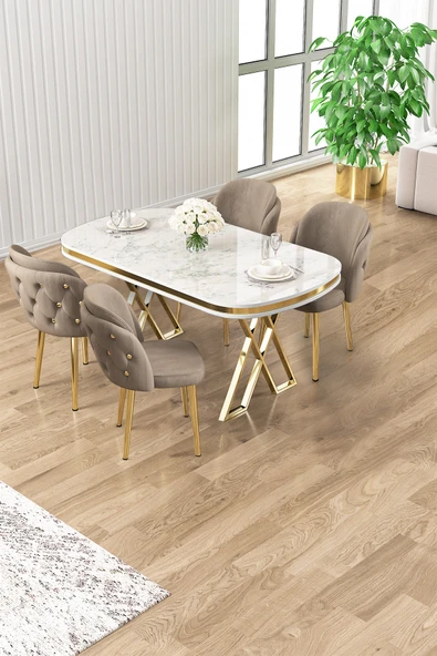 Canisa Zae Serisi 90x168 Lak Panel Beyaz Mermer Desen Gold Ayak Masa Takımı 4 Cappucinosandalye ürün görseli 1