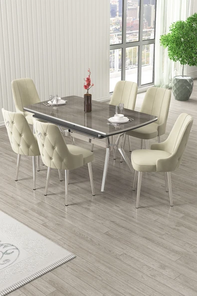 Canisa Nis Serisi 89x150 Açılabilir Lak Panel Antrasit İroni Krom Ayak Masa Takımı ve 6 Krem Sandalye ürün görseli 1