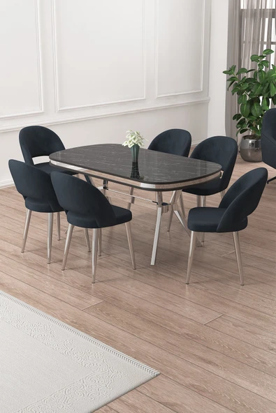 Canisa Jita Serisi 90x168 Lak Panel Siyah Mermer Krom Ayak Masa Takımı ve 6 Antrasit Sandalye ürün görseli 1