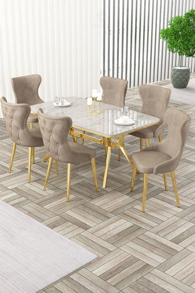Canisa Esla Serisi 90x160 Lak Panel Beyaz Mermer Desen Gold Ayaklı Masa Takımı ve 6 Cappucino Sandalye ürün görseli 1