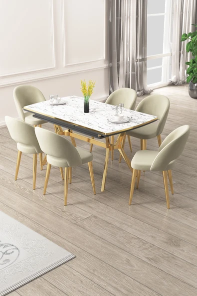 Canisa Weps Serisi 89x150 Açılabilir Lak Panel Beyaz Mermer Gold Ayak Masa Takımı ve 6 Krem Sandalye ürün görseli 1