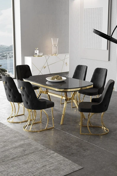 Canisa Epal Serisi 90x168 Lak Panel Siyah Mermer Desen Masa Takımı Gold Ayaklı 6 Siyah Sandalye ürün görseli 1