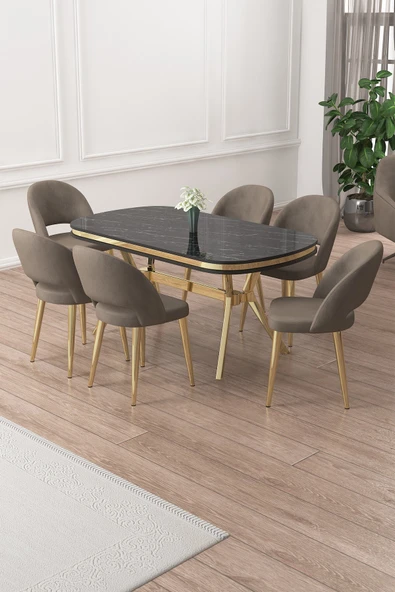 Canisa Jita Serisi 90x168 Lak Panel Siyah Mermer Gold Ayak Masa Takımı ve 6 Cappucino Sandalye ürün görseli 1