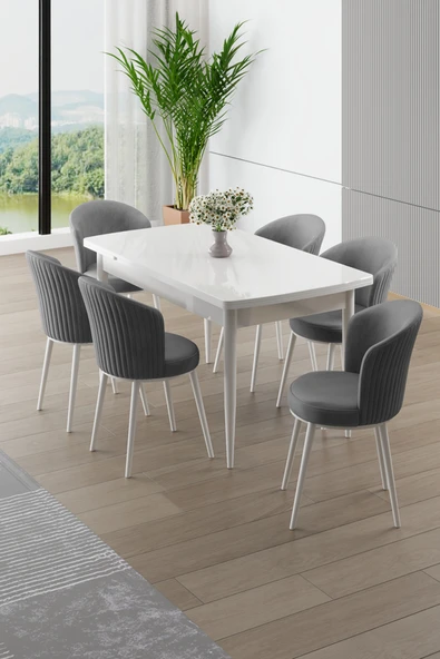 Canisa Asfel Serisi MDF 77x130 Beyaz Yandan Açılabilir Mutfak Masası Takımı 6 Gri Sandalye ürün görseli 1