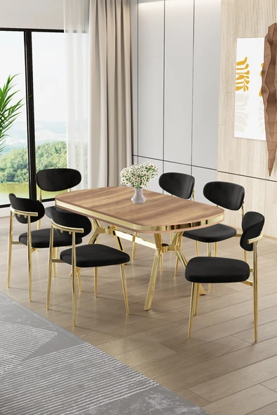 Canisa Olya Serisi 90x168 Lak Panel Hazar Masa Takımı Gold Ayaklı 6 Siyah Sandalye ürün görseli 1