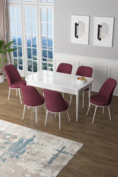 Canisa Zen Serisi 80x132 Mdf Açılabilir Beyaz Mutfak Masası Takımı 6 Bordo Sandalye ürün görseli 1