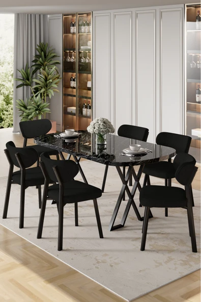Canisa Axton Serisi Sabit Mdf 90x168 Siyah Mermer Desen Mutfak Masa Takımı 6 Siyah Sandalye ürün görseli 1