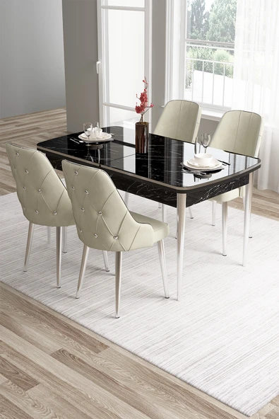 Canisa Tia Serisi 80x132 Mdf Açılabilir Siyah Mermer Desen Krom Detay Masa Takımı Ve 4 Krem Sandalye ürün görseli 1