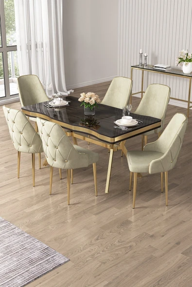 Canisa Vae Serisi 90x160 Lak Panel Antrasit Ironi Gold Ayak Masa Takımı 6 Krem Sandalye ürün görseli 1