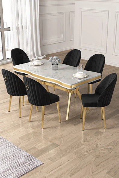 Canisa Pem Serisi 90x160 Lak Panel Beyaz Mermer Desen Gold Ayak Masa Takımı 6 Siyah Sandalye ürün görseli 1
