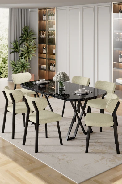 Canisa Axton Serisi Sabit Mdf 90x168 Siyah Mermer Desen Mutfak Masa Takımı 6 Krem Sandalye ürün görseli 1