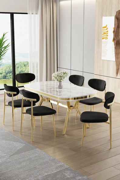 Canisa Olya Serisi 90x168 Lak Panel Beyaz Mermer Desen Masa Takımı Gold Ayaklı 6 Siyah Sandalye ürün görseli 1