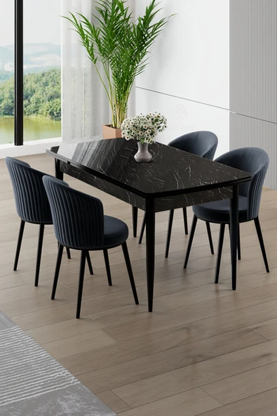 Canisa Asfel Serisi MDF 77x130 Siyah Mermer Desen Yandan Açılabilir Mutfak Masa Takımı 4 Antrasit Sandalye ürün görseli 1