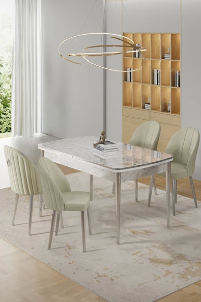 Canisa Rada Serisi 80x132 Açılabilir Lak Panel Beyaz Mermer Desen Masa 4 Krem Sandalye Krom Detay ürün görseli 1