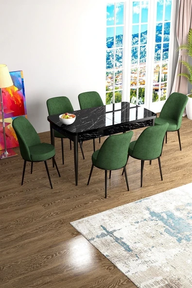 Canisa Han Serisi 70x114 Açılabilir Mdf Mutfak Masası Takımı Siyah Mermer Desen Masa 6 Haki Yeşil Sandalye ürün görseli 1