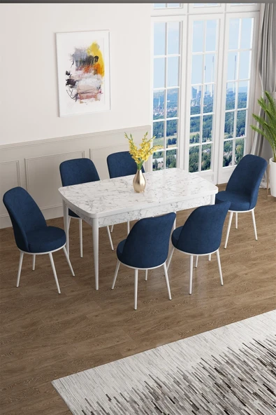 Canisa Han Serisi, Beyaz Mermer Desen 70x114 Açılabilir Mdf Mutfak Masa Takımı, 6 Lacivert Sandalye ürün görseli 1
