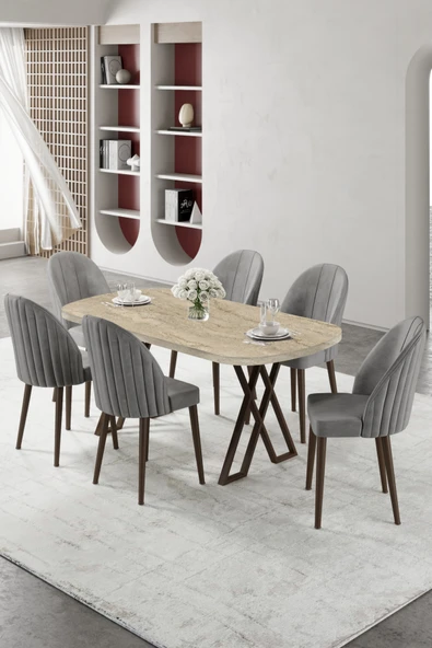 Canisa Kaye Serisi Mdf 90x168 Traverten Mutfak Masası Takımı 6 Gri Sandalye ürün görseli 1
