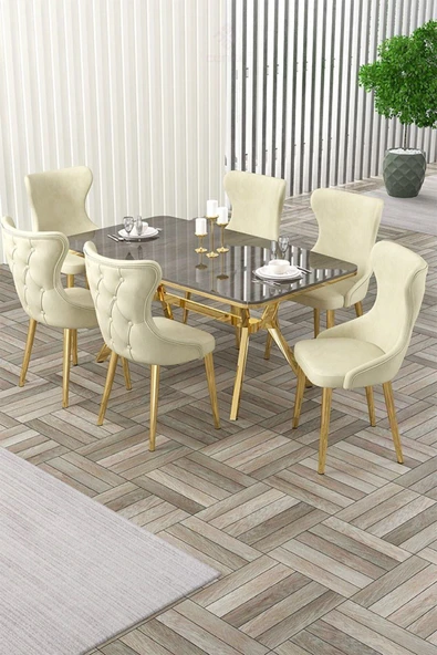 Canisa Esla Serisi 90x160 Lak Panel Antrasit Ironi Gold Kaplama Ayaklı Masa Takımı Ve 6 Krem Sandalye ürün görseli 1