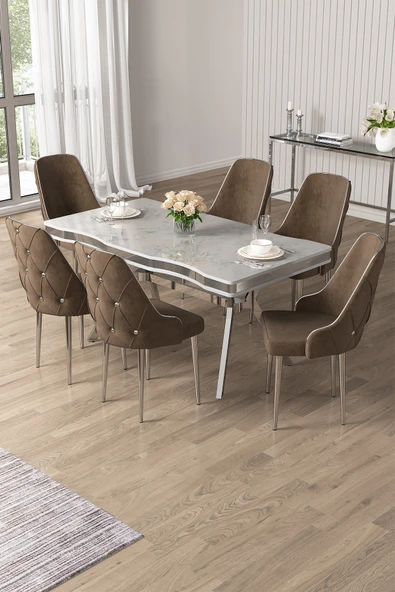 Canisa Vae Serisi 90x160 Lak Panel Beyaz Mermer Desen Krom Ayak Masa Takımı 6 Kahverengi Sandalye ürün görseli 1