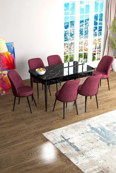 Canisa Han Serisi 70x114 Açılabilir Mdf Mutfak Masası Takımı Siyah Mermer Desen Masa 6 Bordo Sandalye ürün görseli 1
