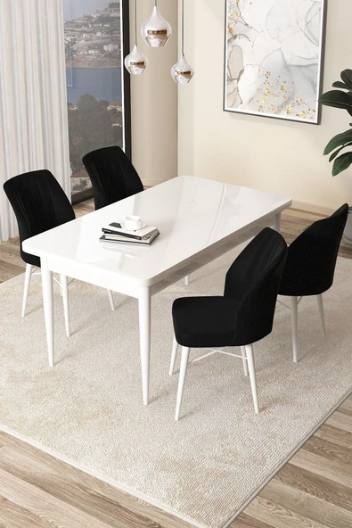 Canisa Arp Serisi 70x110 Sabit Mutfak Masası Takımı Beyaz Masa 4 Siyah Sandalye ürün görseli 1