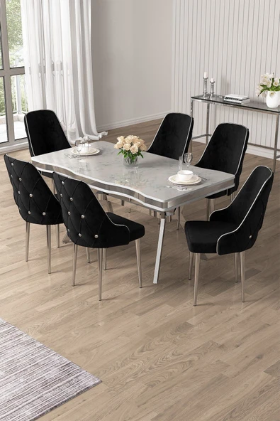 Canisa Vae Serisi 90x160 Lak Panel Beyaz Mermer Desen Krom Ayak Masa Takımı 6 Siyah Sandalye ürün görseli 1
