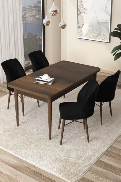 Canisa Arp Serisi, Barok Ahşap Desen 71x110 Sabit Yemek Masası Takımı, Masa 4 Siyah Sandalye ürün görseli 1