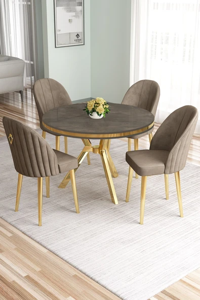 Canisa Mos Serisi 90x90 Lak Panel Antrasit İroni Gold Kaplama Ayaklı Masa Takımı ve 4 Cappucino Sandalye ürün görseli 1
