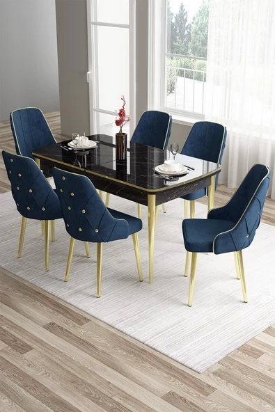 Canisa Tia Serisi 80x132 Açılabilir Mdf Siyah Mermer Desen Gold Detay Masa Takımı Ve 6 Lacivert Sandalye ürün görseli 1