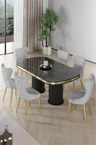 Canisa Galya Serisi Lak Panel 90x168 Sabit Sonata Mutfak Masa Takımı 6 Gri Sandalye ürün görseli 1