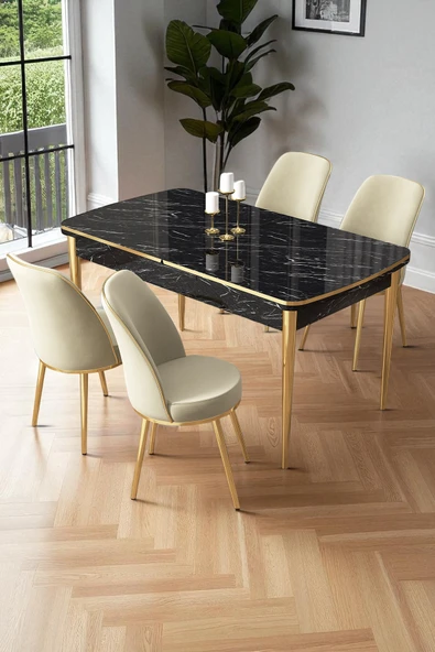 Canisa Nira Serisi 70x114 Mdf Siyah Mermer Desen Mutfak Masa Takımı 4 Krem Sandalye Gold Detay ürün görseli 1