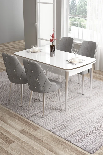Canisa Tia Serisi 80x132 Açılabilir Mdf Mutfak Masası Takımı Beyaz Masa Krom Detay 4 Gri Sandalye ürün görseli 1