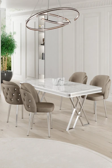 Canisa Rigel Serisi 80x130 Lak Panel Beyaz Mermer Desen Masa Takımı Krom Ayaklı 4 Cappucino Sandalye ürün görseli 1