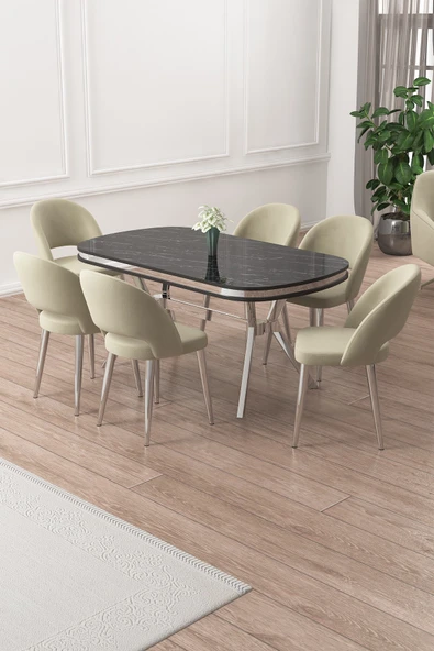 Canisa Jita Serisi 90x168 Lak Panel Siyah Mermer Krom Ayak Masa Takımı ve 6 Krem Sandalye ürün görseli 1