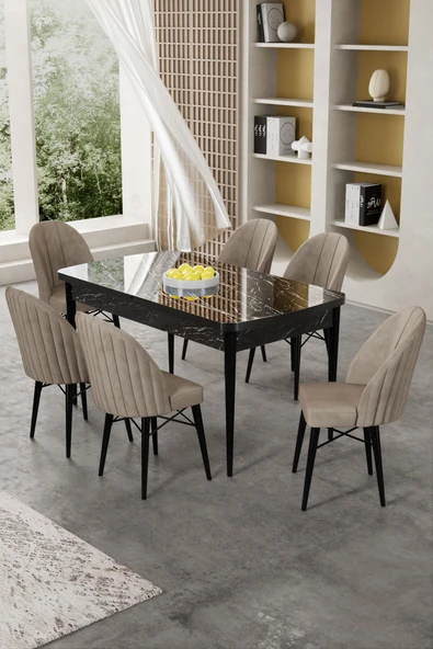 Canisa Gale Serisi 80x132 Açılabilir Lak Panel Siyah Mermer Desen Mutfak Masa Takımı 6 Cappucino Sandalye ürün görseli 1