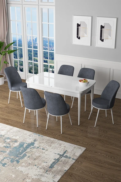 Canisa Zen Serisi 80x132 Mdf Açılabilir Beyaz Masa Takımı Ve 6 Füme Sandalye ürün görseli 1