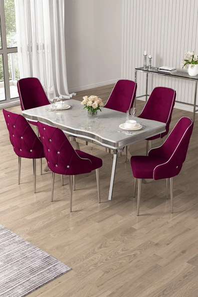 Canisa Vae Serisi 90x160 Lak Panel Beyaz Mermer Desen Krom Ayak Masa Takımı 6 Mürdüm Sandalye ürün görseli 1