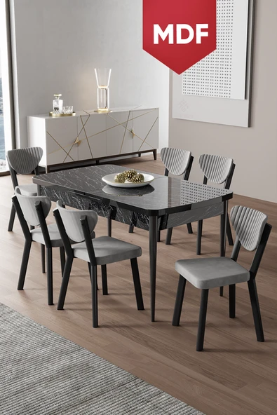 Canisa Exve Serisi 80x132 Açılabilir MDF Siyah Mermer Desen Masa Takımı ve 6 Gri Sandalye ürün görseli 1