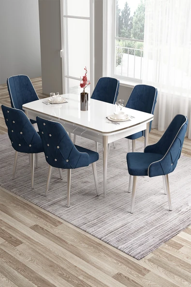 Canisa Tia Serisi 80x132 Açılabilir Mdf Yemek Odası Takımı Krom Detay Beyaz Masa Ve 6 Lacivert Sandalye ürün görseli 1