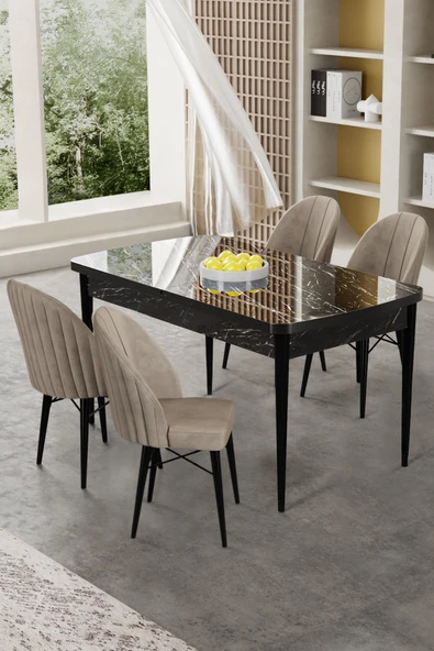 Canisa Gale Serisi 80x132 Açılabilir Lak Panel Siyah Mermer Desen Mutfak Masa Takımı 4 Cappucino Sandalye ürün görseli 1