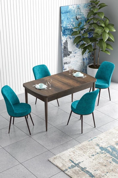 Canisa Han Serisi, Barok Ahşap Desen 70x114 Açılabilir Mdf Yemek Masası Takımı, 4 Turkuaz Sandalye ürün görseli 1