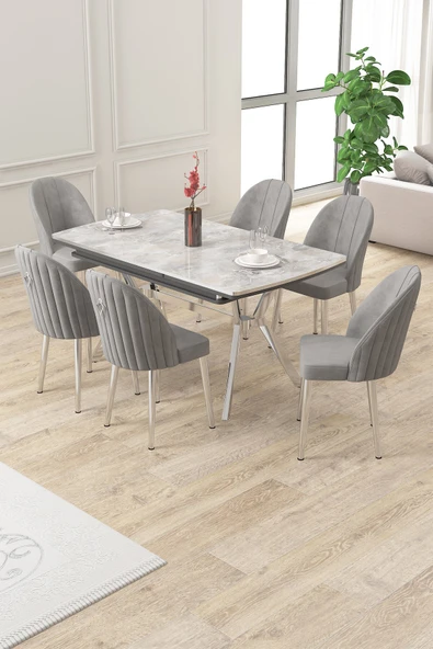 Canisa Sim Serisi 89x150 Açılabilir Lak Panel Rampla Gri Krom Ayak Masa Takımı ve 6 Gri Sandalye ürün görseli 1