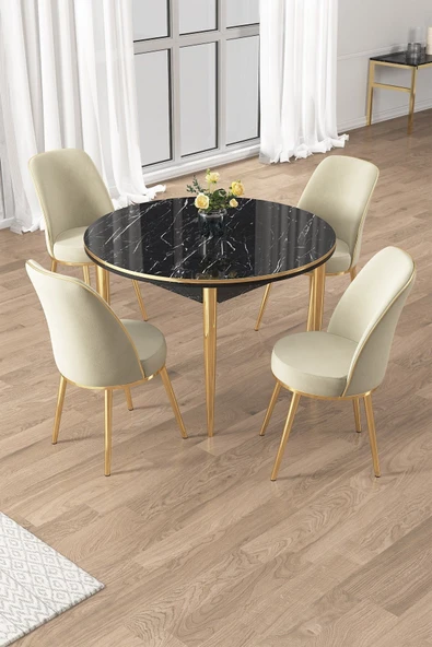 Canisa Osle Serisi 90x90 Yuvarlak Siyah Mermer Desen Mutfak Masa Takımı 4 Sandalye Gold Detay ürün görseli 1