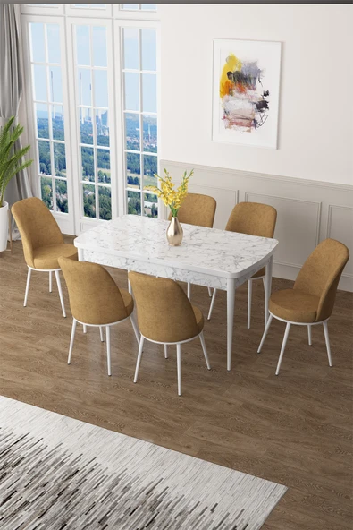 Canisa Zen Serisi 80x132 Mdf Açılabilir Beyaz Mermer Desen Masa Takımı Ve 6 Cappucino Sandalye ürün görseli 1